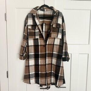Flannel Jacket Long Plaid Small Medium S M Coat Button Down Midi Brown Cognac